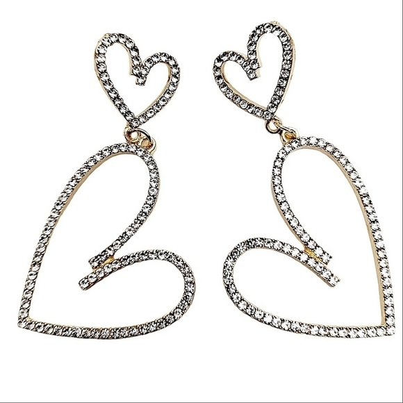 Gold Hoop chunky earrings dangle rhinestone Hearts Romantic statement 💖2/$30 - Picture 5 of 16